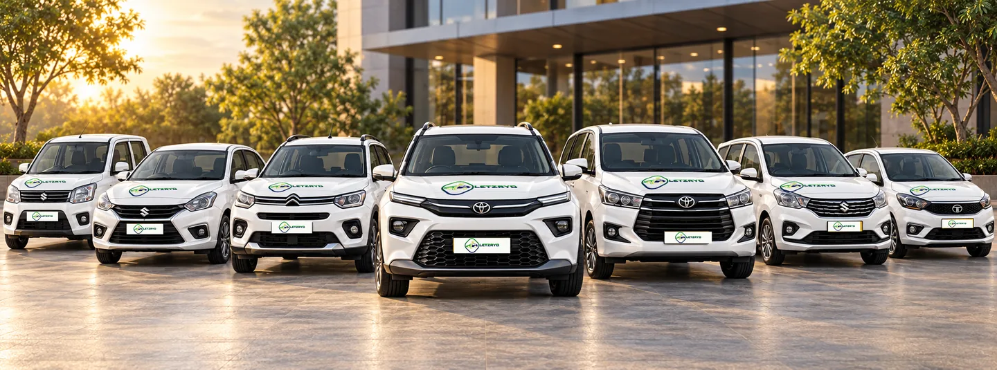 Line-up of white LetzRyd-branded hatchbacks, sedans, SUVs and MPVs parked outside a corporate campus