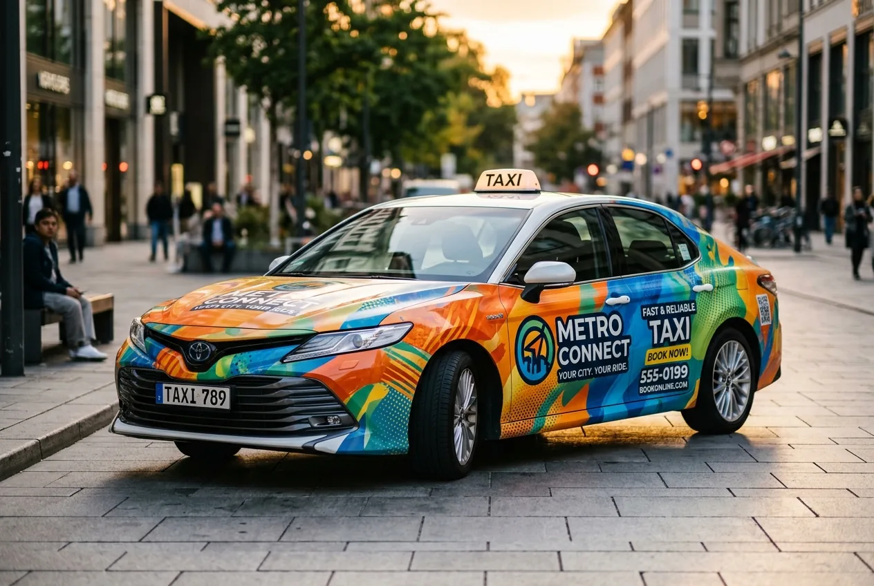 A LetzRyd fleet vehicle carrying a full media wrap