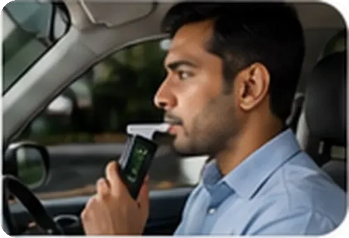 Driver taking a breath alcohol test at the wheel before a trip