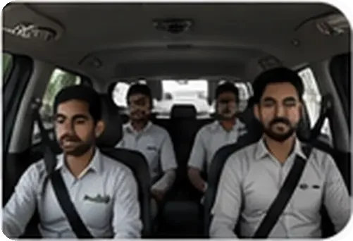 In-cab camera view of a uniformed driver and passengers