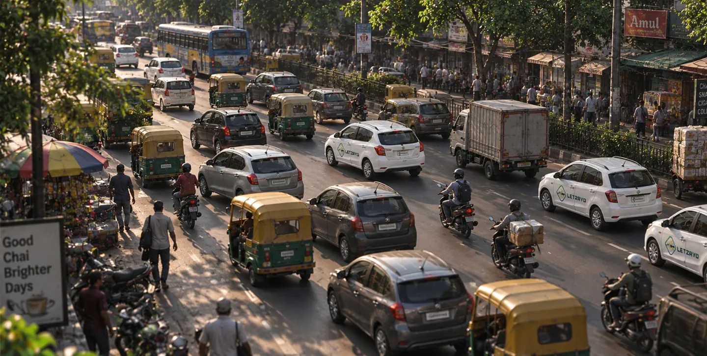 LetzRyd-branded cars in busy city traffic alongside auto-rickshaws, scooters and roadside stalls